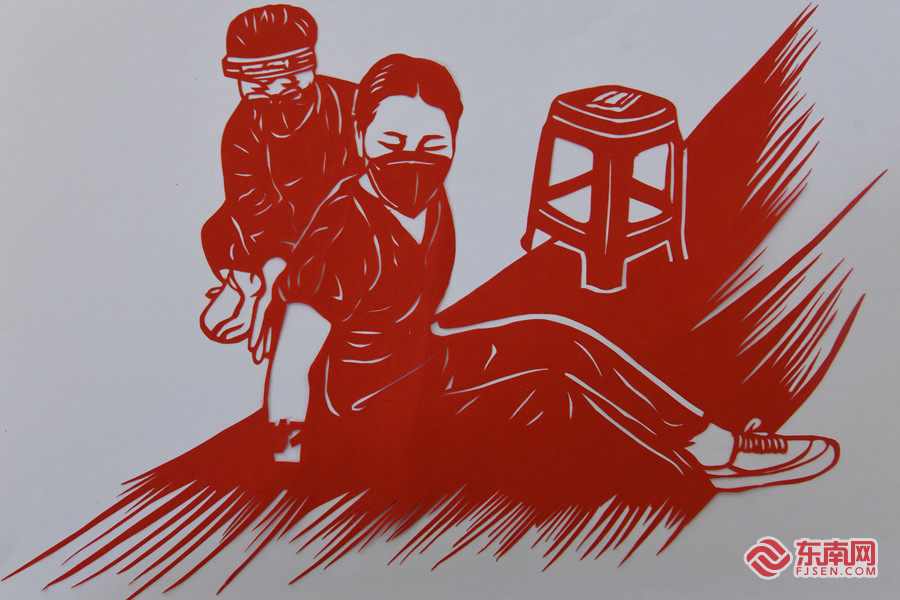 刻纸作品《“对不起，给你们添麻烦，耽误大家工作。”核酸采样人员突然晕倒 醒来的话让人心疼》 林婉清 供图