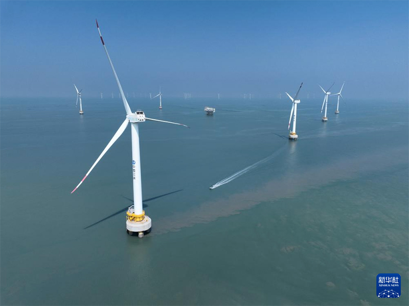 这是8月8日拍摄的三峡福清兴化湾海上风电场（无人机照片）。福建三峡海上风电国际产业园自主生产的部分海上风电机组在这里装机投产。新华社记者 姜克红 摄