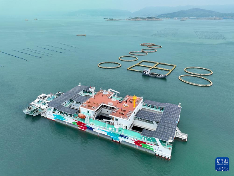 这是8月9日拍摄的福建连江定海湾“闽投1号”深远海养殖平台及深水网箱（无人机照片）。新华社记者 姜克红 摄