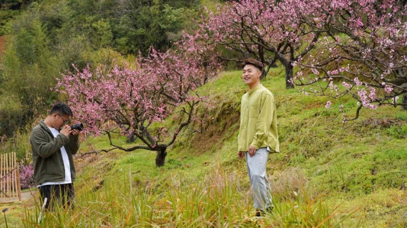 春风拂过 花枝摇曳，构成了一幅“人在画中游”的生动图景。