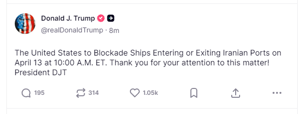 特朗普再发文：将于13日10时封锁进出伊朗港口船只