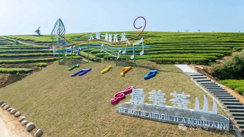 放眼望去，蜿蜒的茶垄宛如舒展的五线谱，五彩斑斓的音符装饰在此“起舞”，为这片青绿增添了几分灵动可爱。