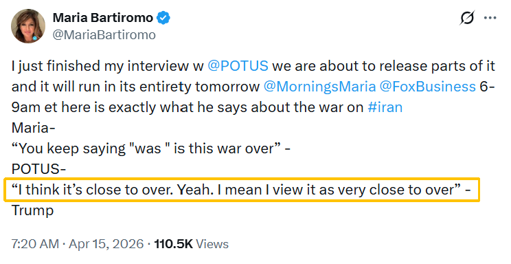 美伊重启谈判之际 特朗普称伊朗战事已“接近结束”