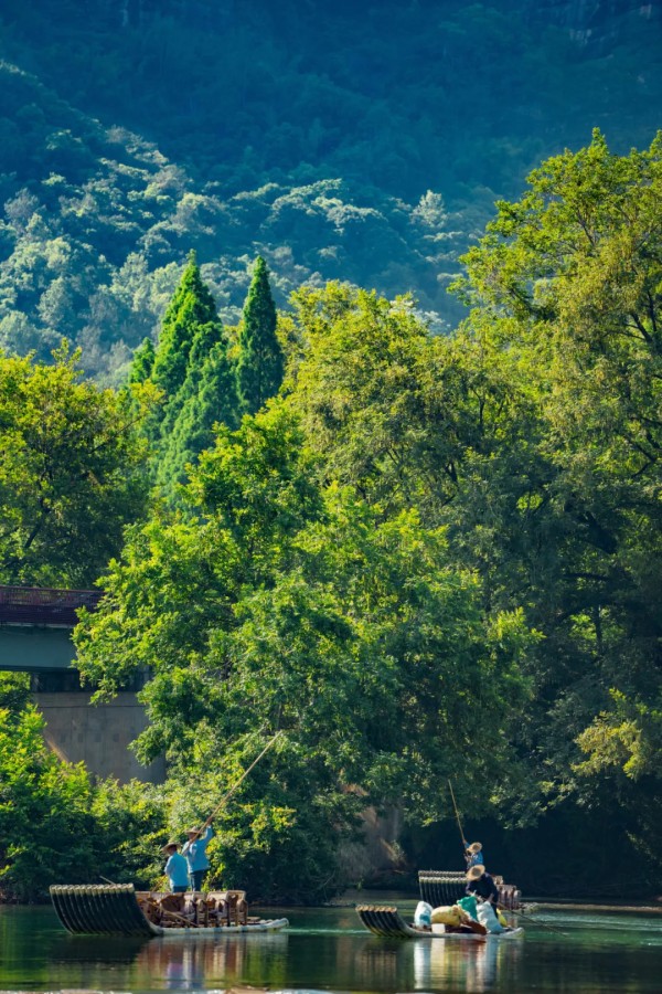 竹筏悠然穿行于溪谷之间，微风拂面，山野清新空气扑面而来。