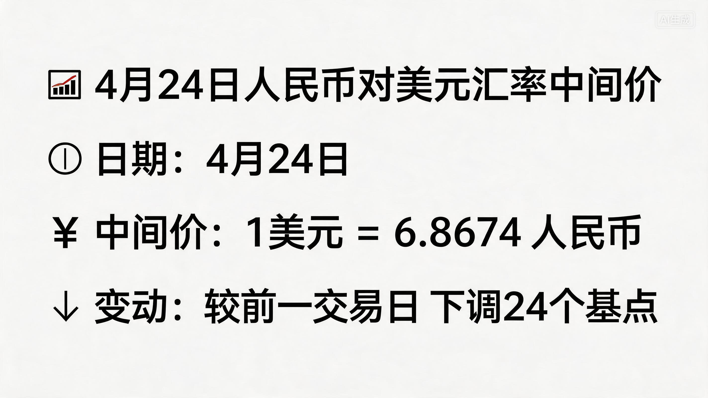 人民币对美元汇率中间价报6.8674 下调24个基点