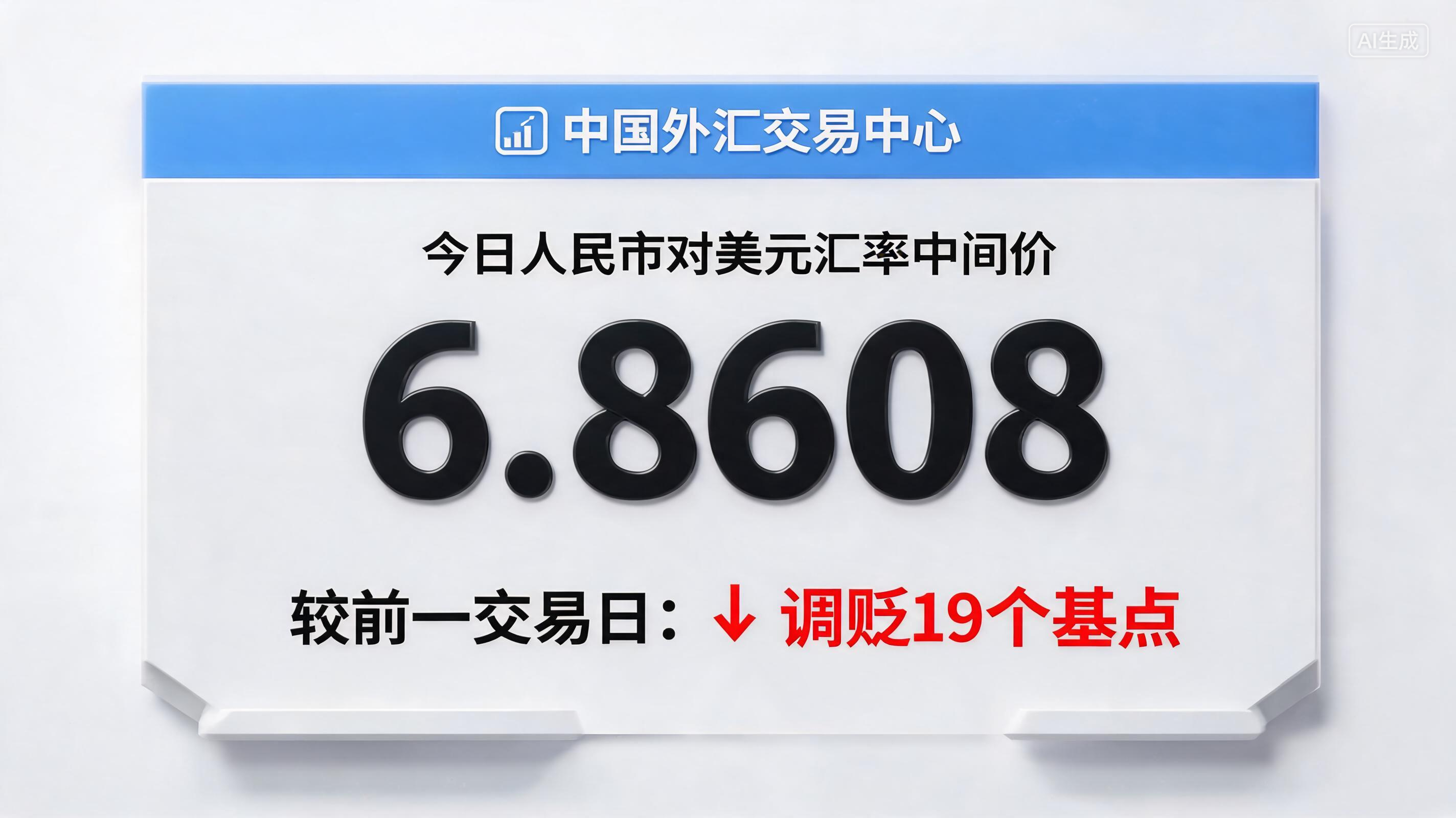 人民币对美元汇率中间价报6.8608 调贬19个基点