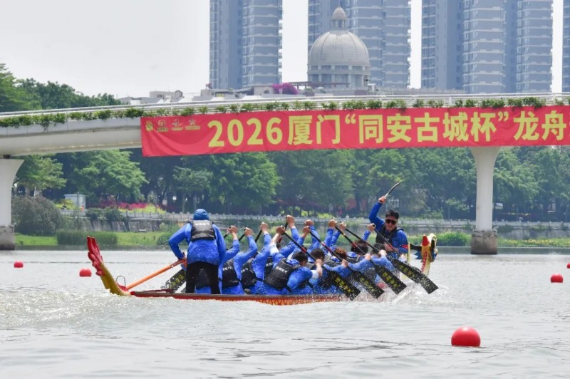 队员们俯身合力，木桨齐飞破浪。