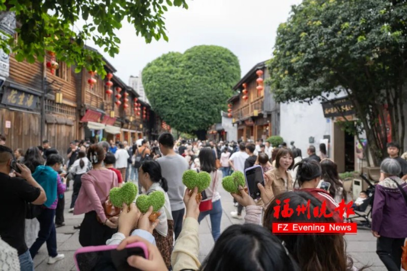 市民游客打卡福州三坊七巷“爱心树”。