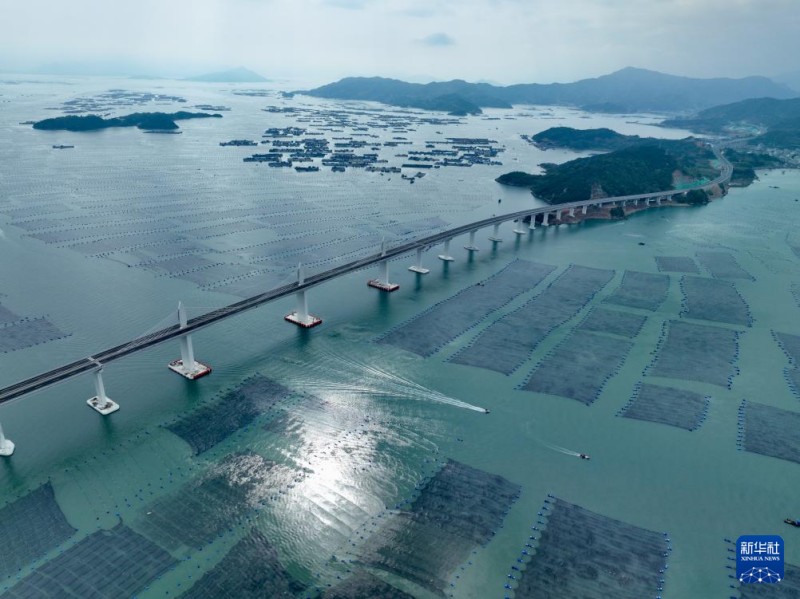 这是4月24日拍摄的福建省宁德市霞浦县宁上高速公路东吾洋特大桥及海上养殖区（无人机照片）。新华社记者 姜克红 摄