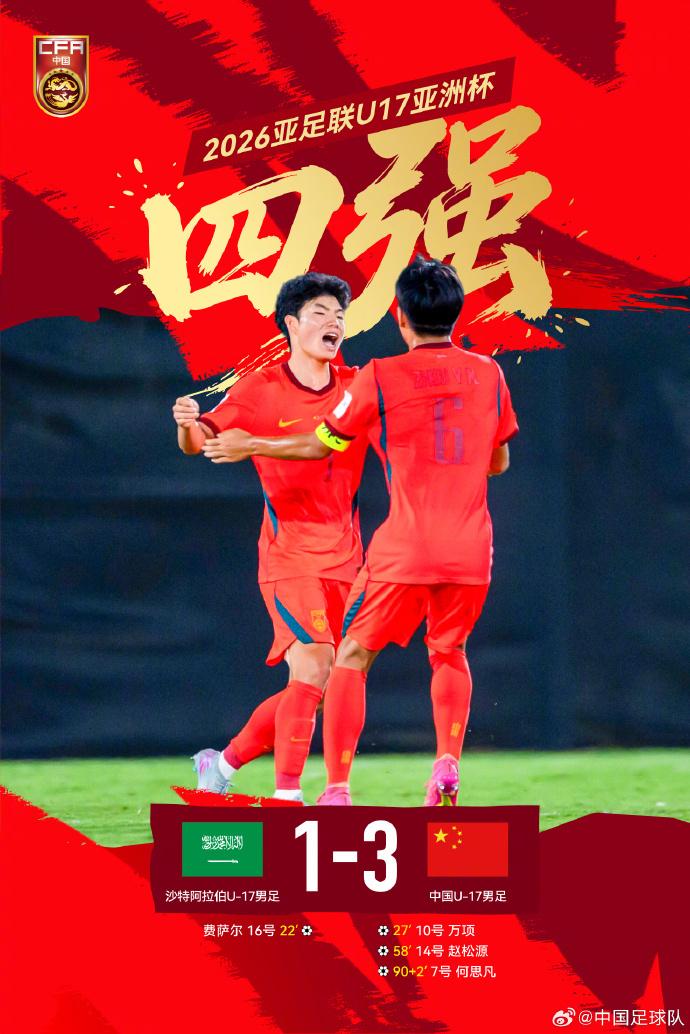 中国U17男足力克沙特阿拉伯队 晋级本届亚洲杯四强