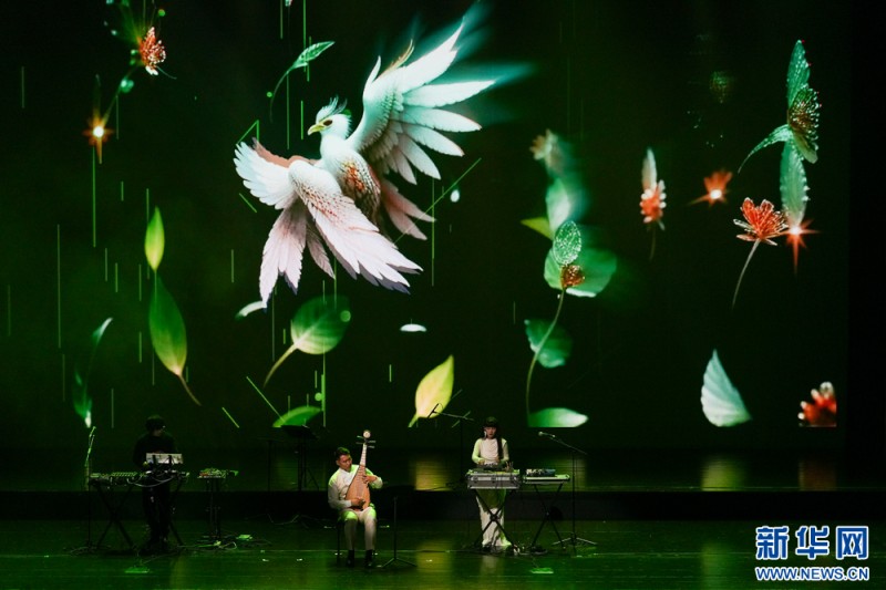 5月18日晚，平潭国际演艺中心，国乐电子融合音乐会《穿越·山海经》演出现场，艺术家在演奏中将神话故事、传统乐器和电子音乐深度融合，带来别致的视听体验。新华网 肖和勇 摄