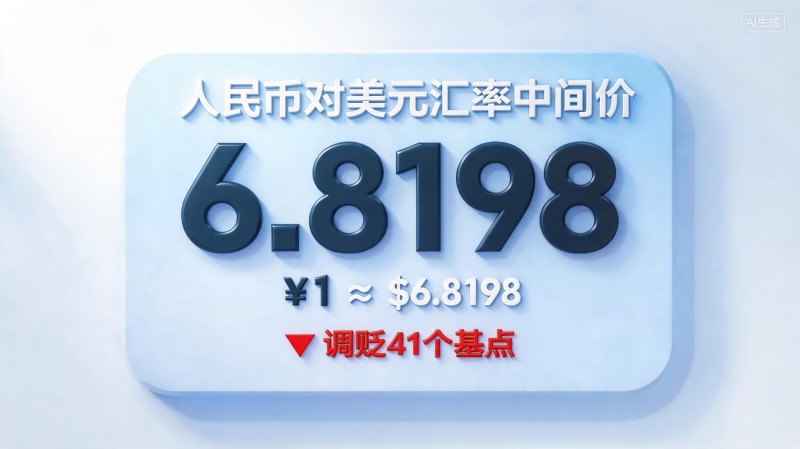 人民币对美元汇率中间价报6.8198 调贬41个基点
