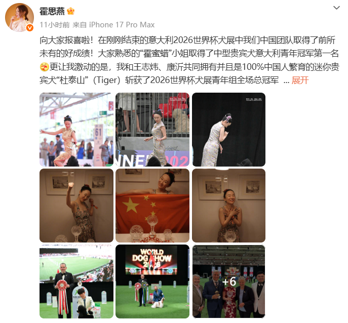 霍思燕携爱犬在意大利夺冠 “霍蜜蜡”取得中型贵宾犬意大利青年冠军第一名