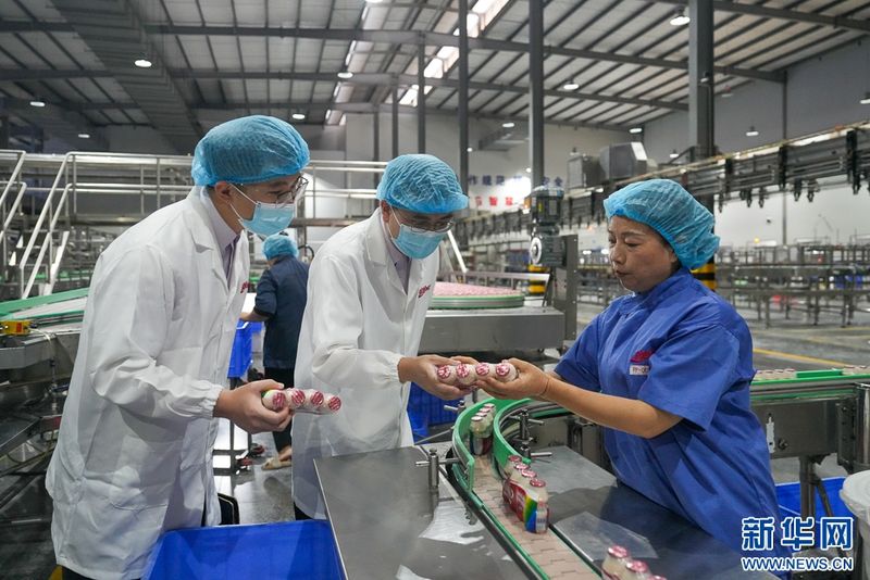 这是盼盼食品集团有限公司5G智慧工厂饮料智能包装生产线，农行福建晋江支行客户经理向工人了解饮料生产情况。新华网 肖和勇 摄