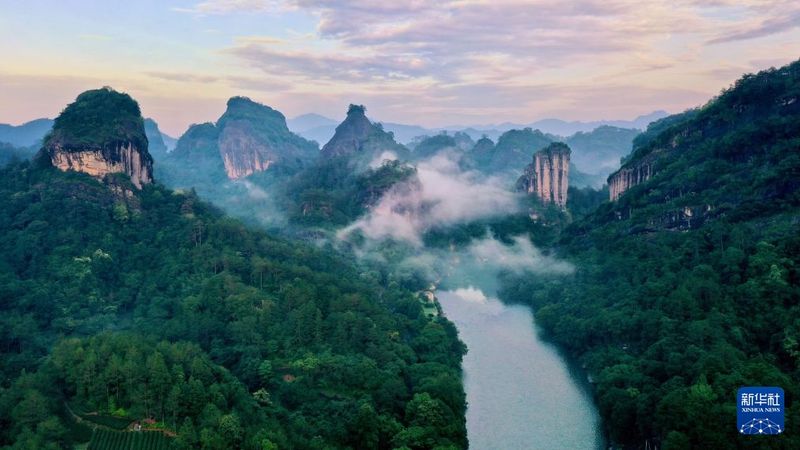 武夷山九曲溪两岸的丹霞景观（2022年6月7日摄，无人机照片）。新华社记者 姜克红 摄