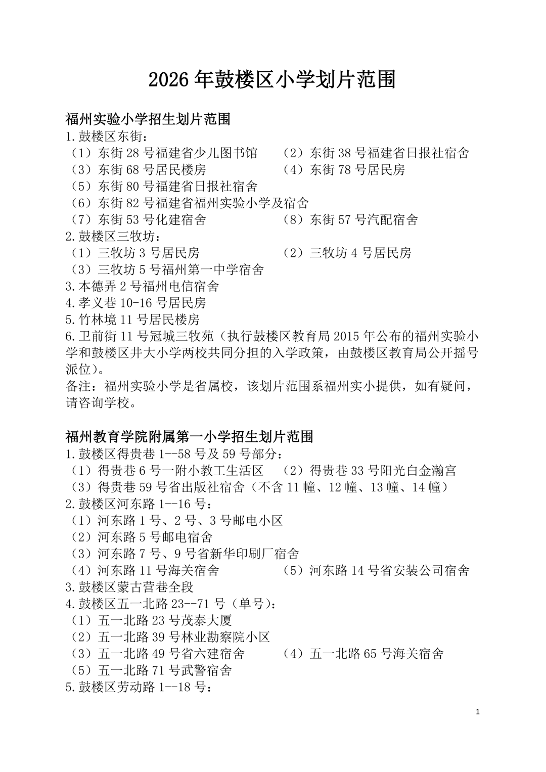 2026年福州鼓楼区小学划片范围公布