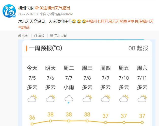 未来一周，福州天天高温日
