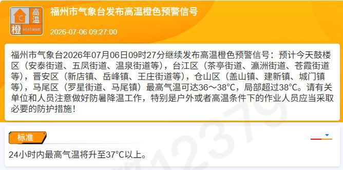 局部超过38℃！福州继续发布高温橙色预警