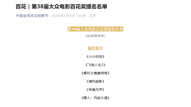 第38届大众电影百花奖提名名单揭晓