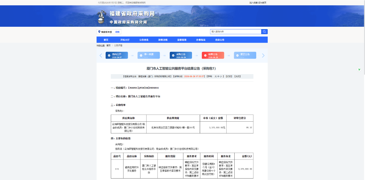 云知声中标厦门市人工智能公共服务平台项目，U2大模型赋能城市AI新生态
