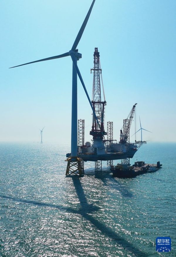 在三峡集团福建漳浦六鳌海上风电场拍摄的20兆瓦海上风电机组和“大桥海风”号2000吨自升式海上风电安装平台（1月13日摄，无人机照片）。新华社记者 林善传 摄