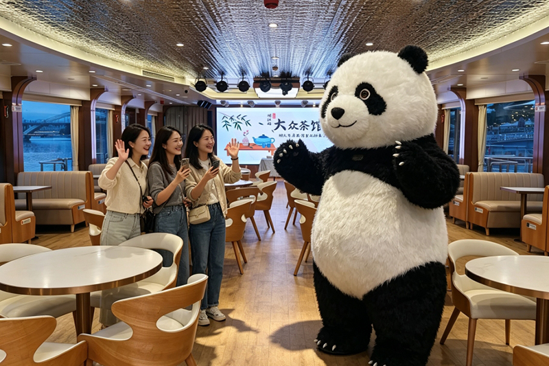 乘船期间，熊猫人偶将穿梭船舱巡游互动，一举一动自带治愈buff。