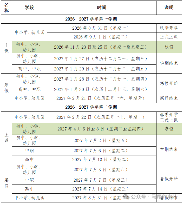 福州各区县春秋假时间安排全部出炉