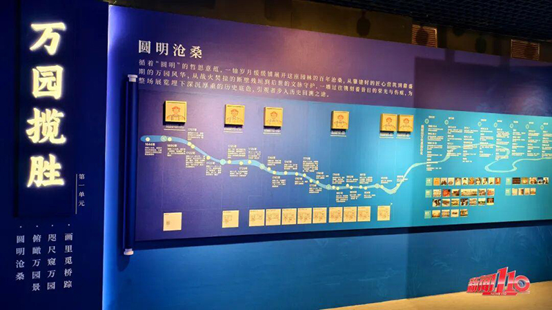 “万园揽胜”单元借助史料图文与触屏互动设备，对照呈现全盛图景与遗址残痕，直观解读圆明园融汇南北、贯通中西的造园美学。