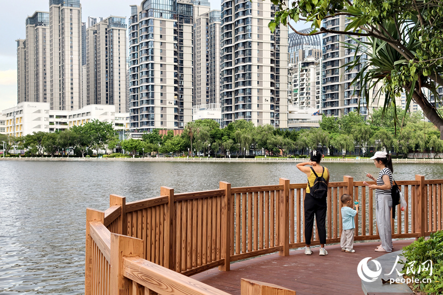 市民在步道上远眺筼筜湖景。人民网记者 陈博 摄