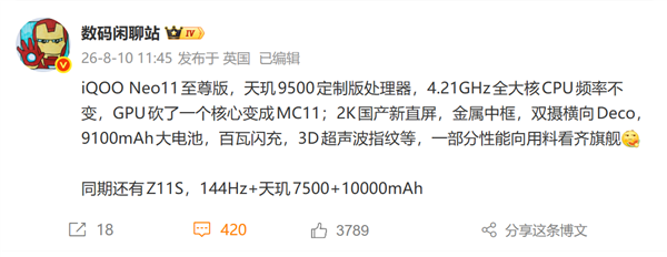 iQOO Neo11至尊版现身电信终端库：国产顶级2K直屏 9100mAh史上最大电池