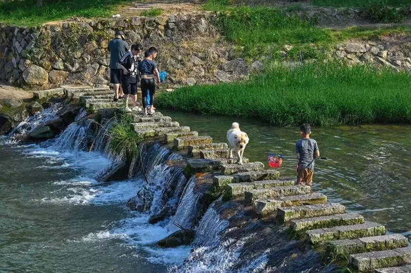 来九峰村，重头戏一定是山野溪流。钓月溪与南阳溪两条溪流穿村而过，在村中交汇成一片清澈的天然浅滩。