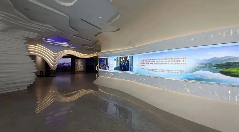 序厅展示大屏，采用柔性屏，彻底解决画面割裂问题，成为湿地核心信息展示窗口。