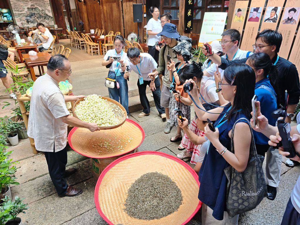 8月17日，国家级非物质文化遗产代表性项目福州茉莉花茶窨制工艺市级代表性传承人严锦华在福州茉莉花美学馆展示福州茉莉花茶窨制工艺。新华社记者 周义 摄