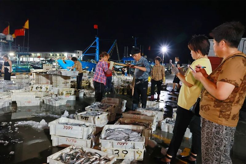 8月18日凌晨，在石狮祥芝国家中心渔港，渔民们连夜卸货、分拣，鲭鱼、黄翅、鱿鱼等鲜活海产随即上市。