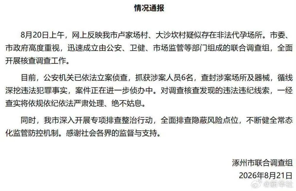 河北涿州抓获6名非法代孕涉案人员