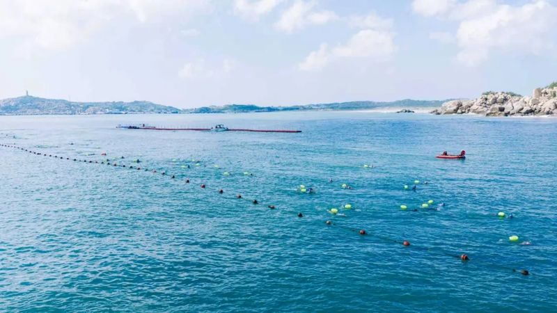 选手们纵身跃入浪涛翻涌的海域，劈波斩浪完成750米游泳。
