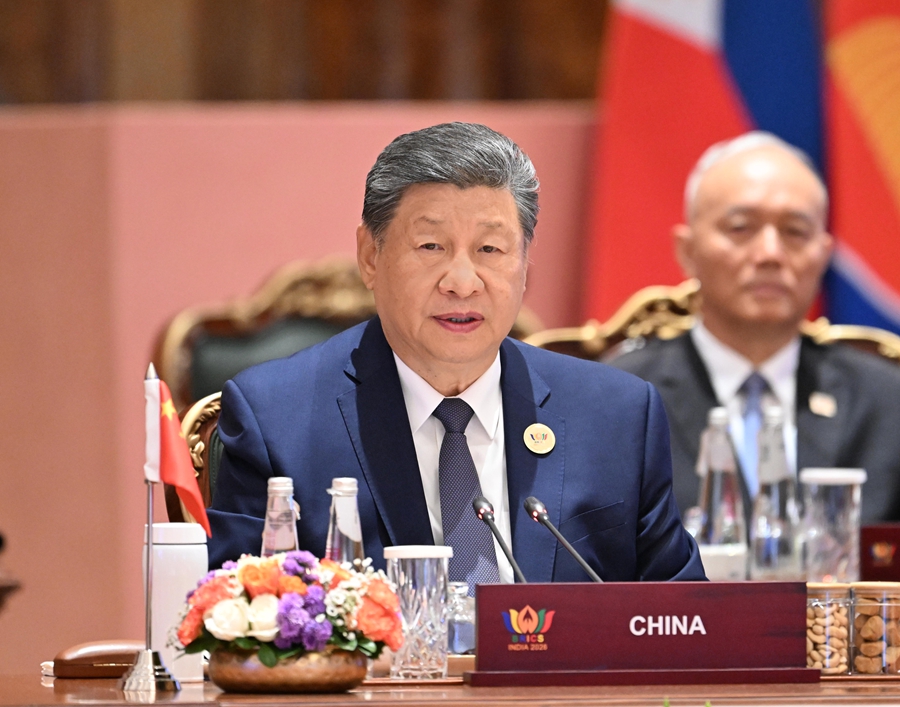 当地时间9月13日上午，国家主席习近平在新德里出席金砖国家领导人第十八次会晤第二阶段会议，并发表题为《筑牢金砖合作根基　壮大全球南方力量》的重要讲话。新华社记者 燕雁 摄