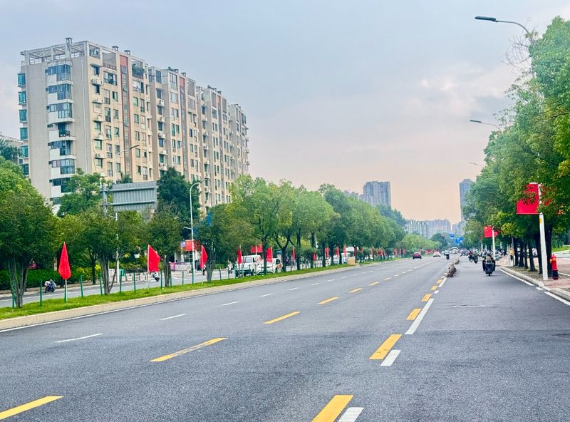 福飞路、福新路、秀峰路……城区主次干道齐齐换上国庆盛装，整齐悬挂的五星红旗仿若绵延不绝的红色长河，构筑起城市流动的红色风景线。