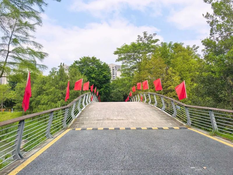 晋安公园、金鸡山公园、赤桥公园……晋安各大公园里到处洋溢着国庆的喜气，红旗与鲜花交织，繁花簇拥着耀眼的中国红，像撒落一地的星火。