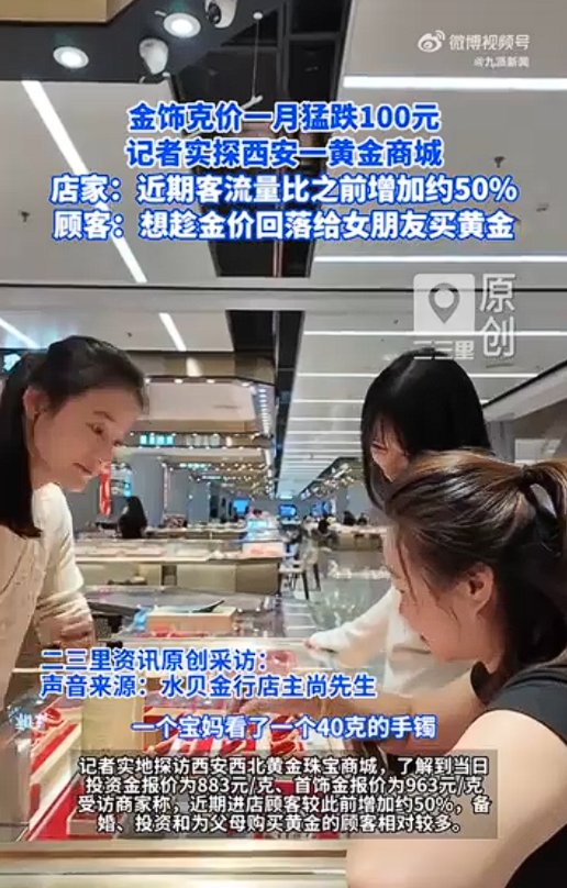 金价持续回落 40克金手镯2天省4千：一克便宜了将近100块钱