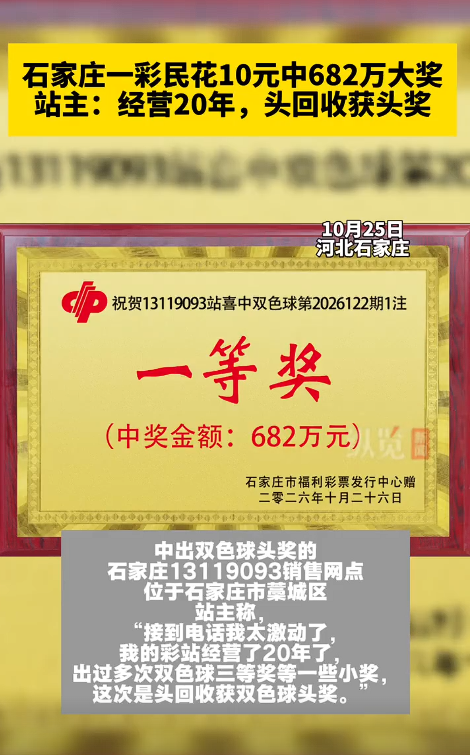 彩民花10元中682万大奖 站主激动称：经营20年，头一回收获头奖！